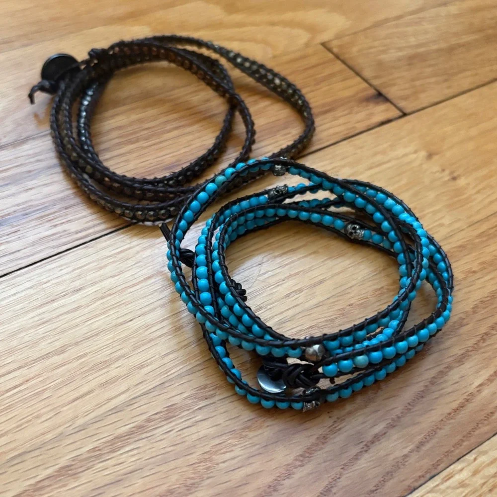 Leather Wrap Bracelet Set Turquoise Skull & Metallic Beads Boho 2pc